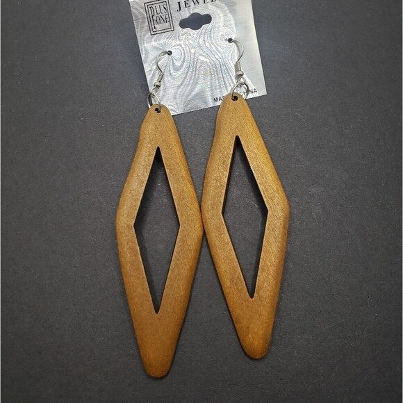 Brown wood diamond shape boho earrings long dangling earrings - Picture 1 of 3